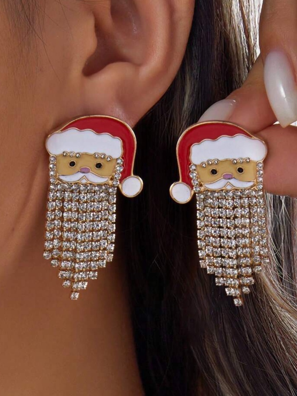 1 Pair Christmas Long Beard Old Man Rhinestone Tassel Earrings, Women's Christma